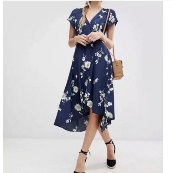 Free People Lost In You Midi Dress Button Up High Low Floral Navy Size XS - Picture 2 of 14